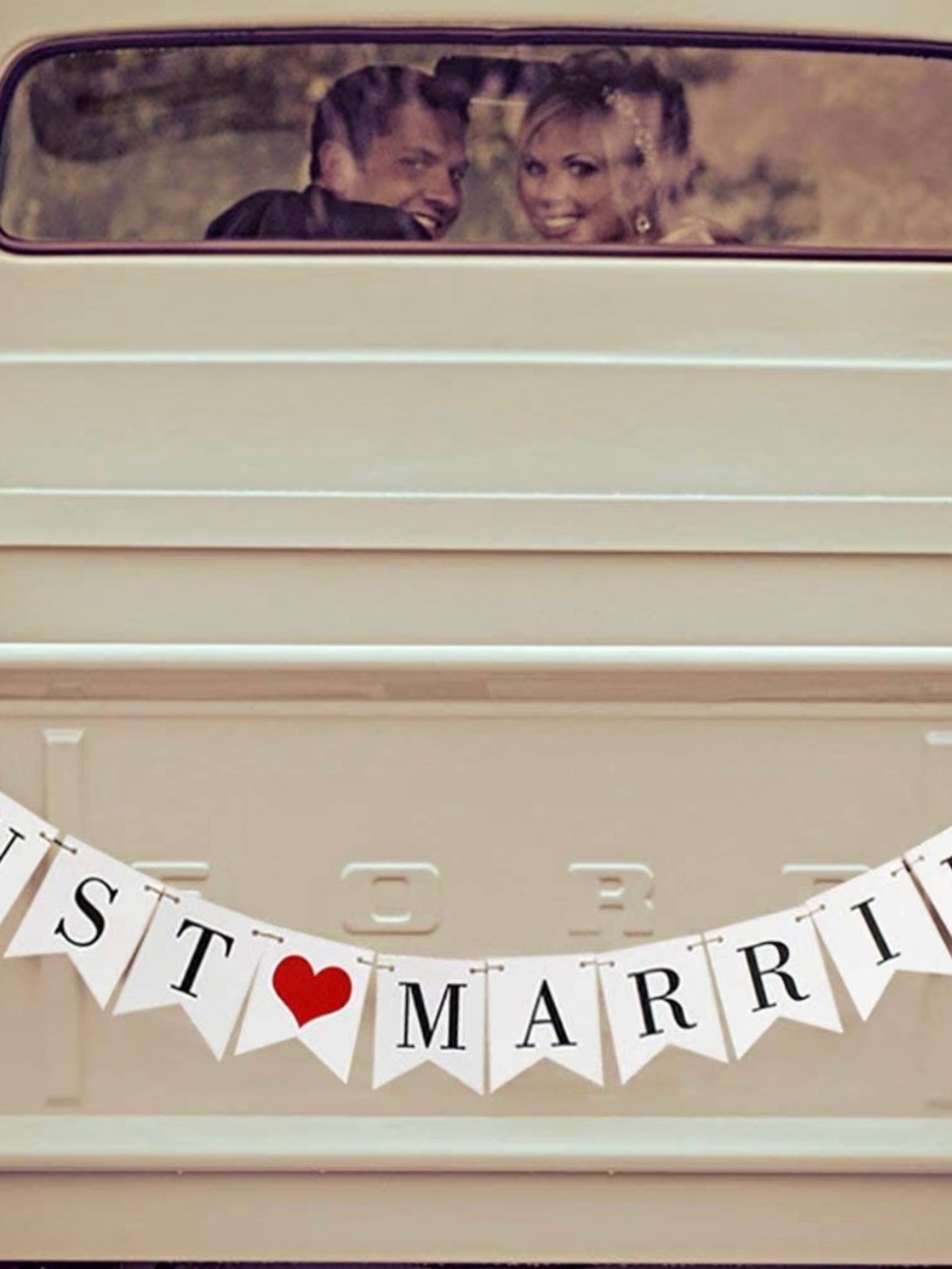 Source Unknown White 'Just Married' Banner with Red Heart Accent